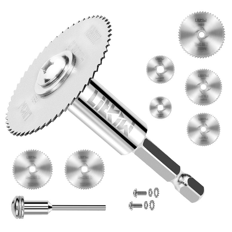 LitKiwi 7 قطع من شفرات منشار الحفر الدوارة، مع 1 قطعة من عمود سداسي 1/4" و 1 قطعة من عمود دائري 1/8"، شفرات قطع قرص منشار HSS لأدوات الحفر الدوارة - Image 1